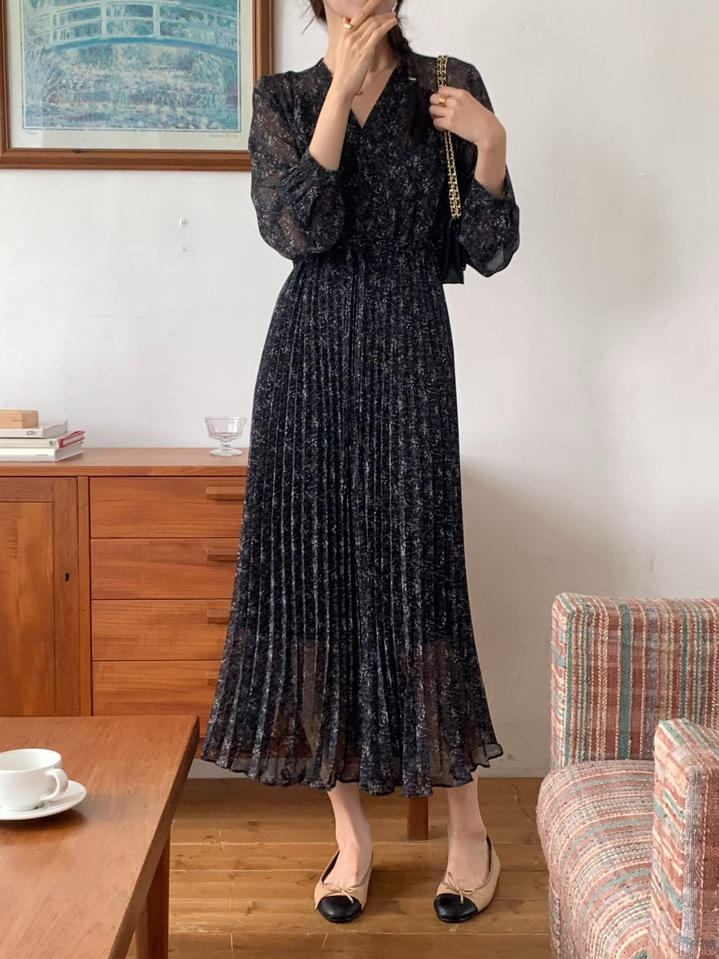 ✨【Floral Pleated Long Dress · 碎花雪紡百摺長裙】✨