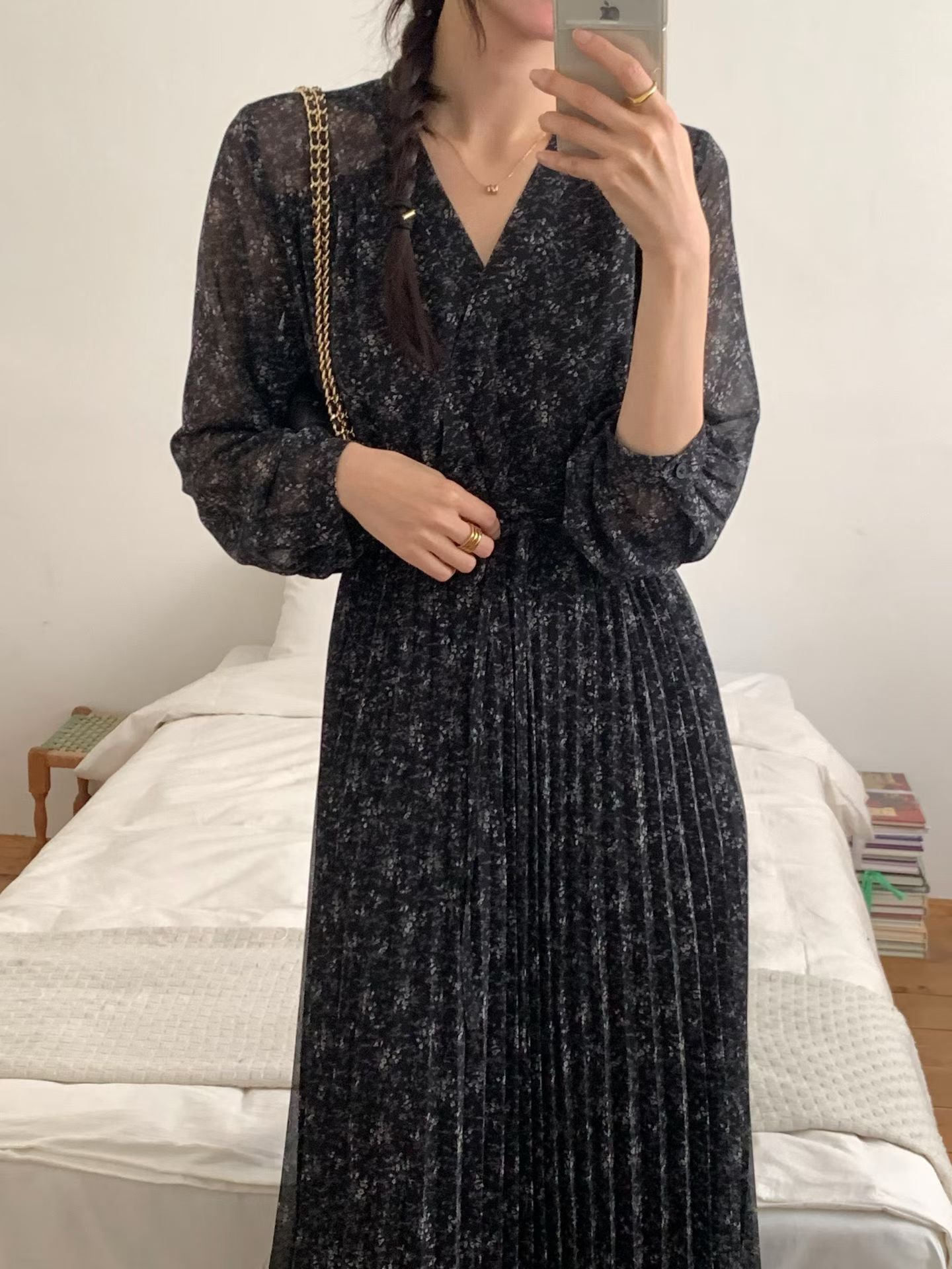 ✨【Floral Pleated Long Dress · 碎花雪紡百摺長裙】✨