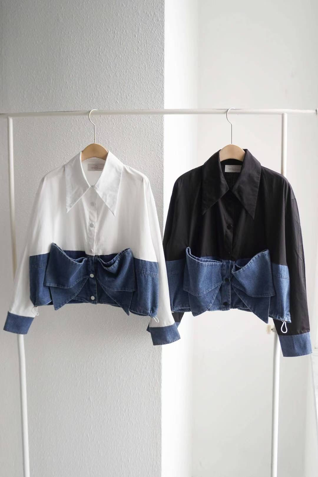 👔【Denim Bow Contrast Shirt · 牛仔拼接蝴蝶結襯衫】👔