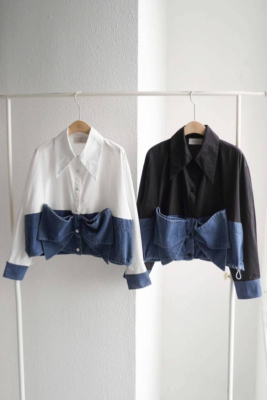 👔【Denim Bow Contrast Shirt · 牛仔拼接蝴蝶結襯衫】👔