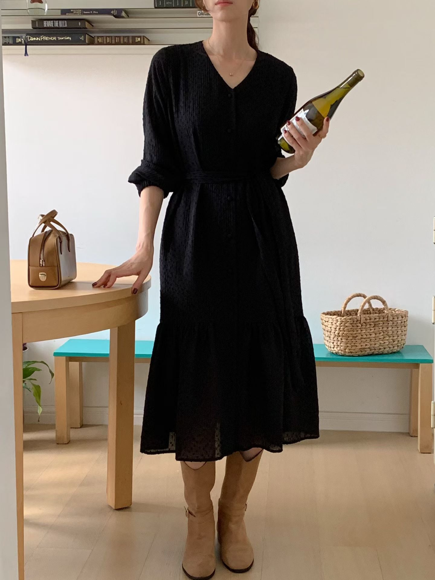 💫【Soft Texture Button Midi Dress · 柔感壓紋鈕扣中長裙】💫