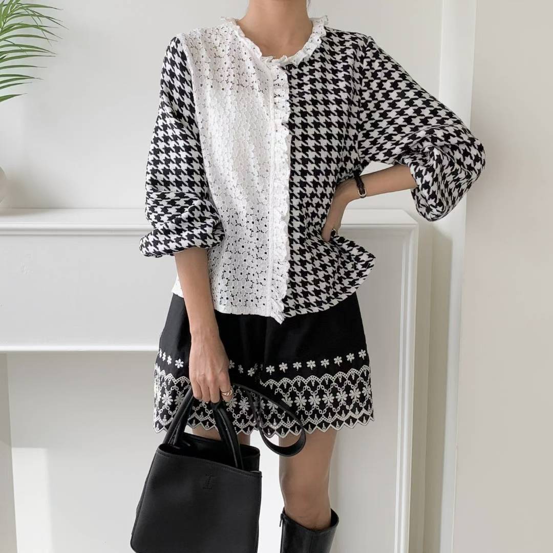 ✨【Lace Patchwork Houndstooth Blouse · 蕾絲拼接千鳥格襯衫】✨