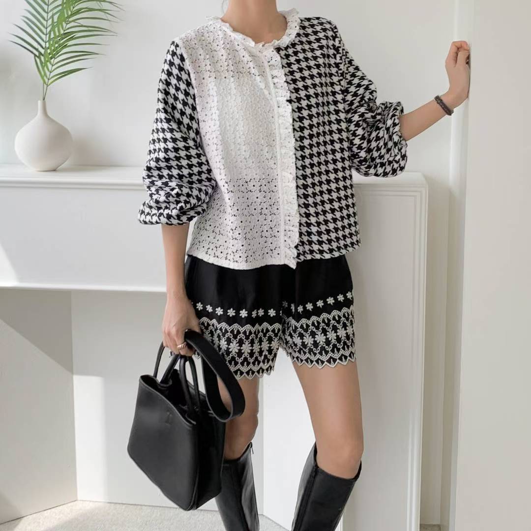 ✨【Lace Patchwork Houndstooth Blouse · 蕾絲拼接千鳥格襯衫】✨