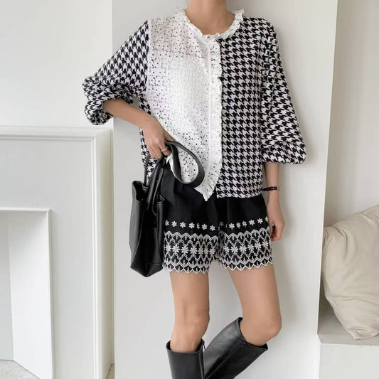 ✨【Lace Patchwork Houndstooth Blouse · 蕾絲拼接千鳥格襯衫】✨