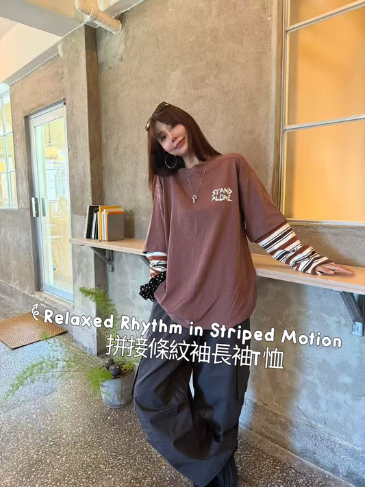 Relaxed Rhythm in Striped Motion 拼接條紋袖長袖T恤