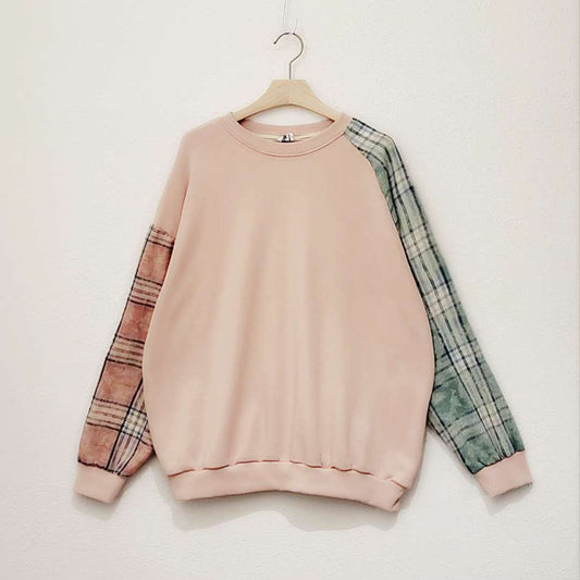 ✨ 拼色格紋袖衛衣 | Color Block Plaid Sleeve Sweatshirt ✨