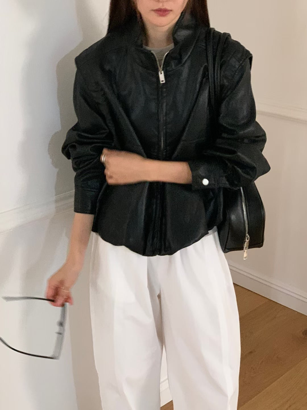 Trendy Faux-Leather Vest Convertible Zip Jacket 可拆袖仿皮拉鍊外套