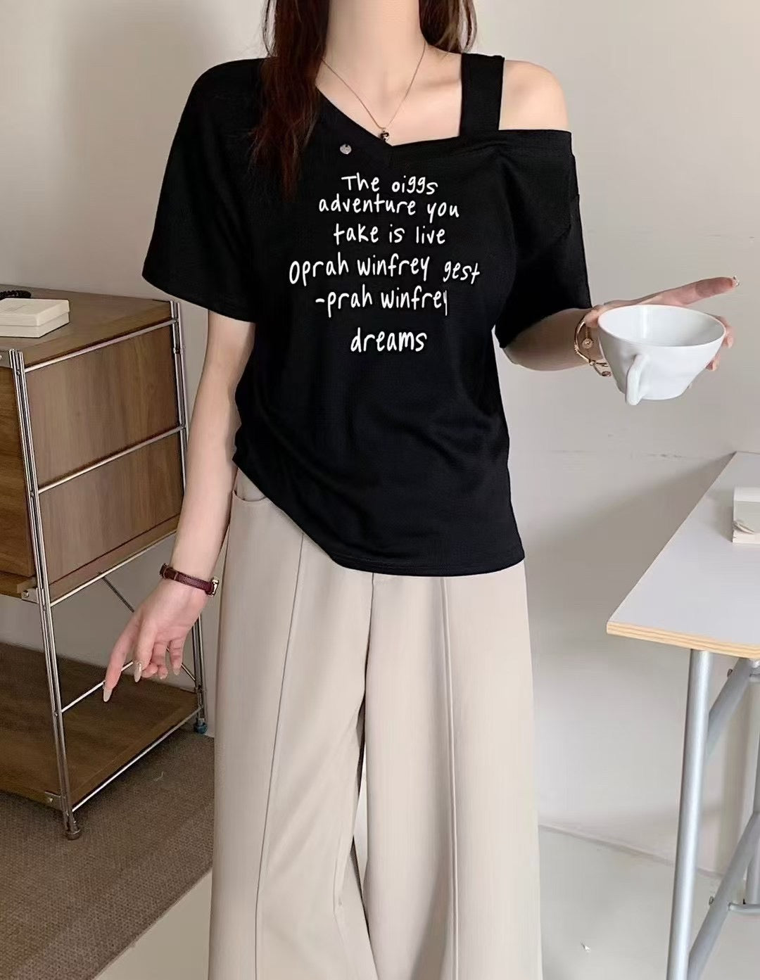 Strap Quote Tee – Off-Shoulder Mood