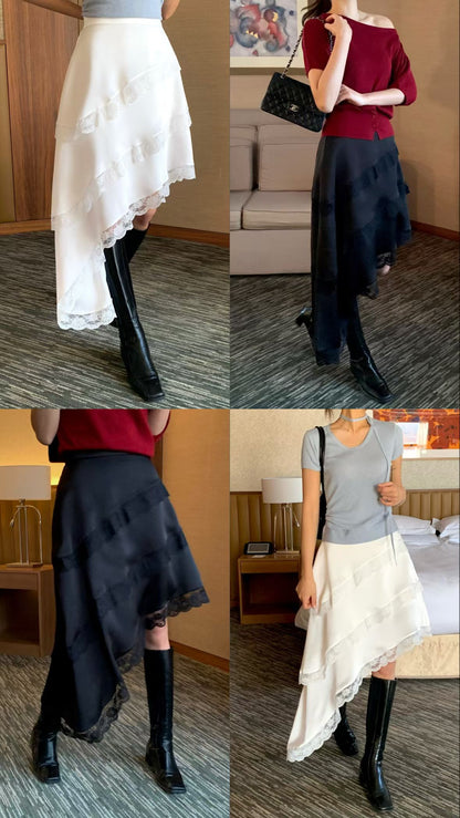 Asymmetrical Lace Layered Midi Skirt