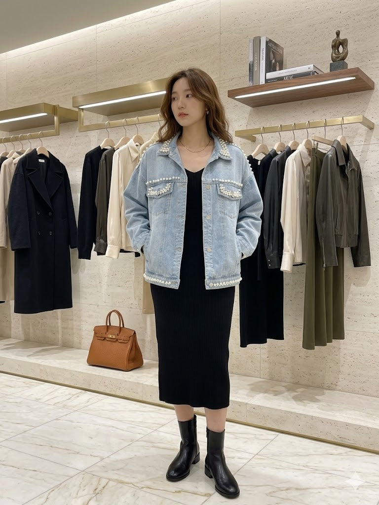Pearl-Embellished Denim Jacket