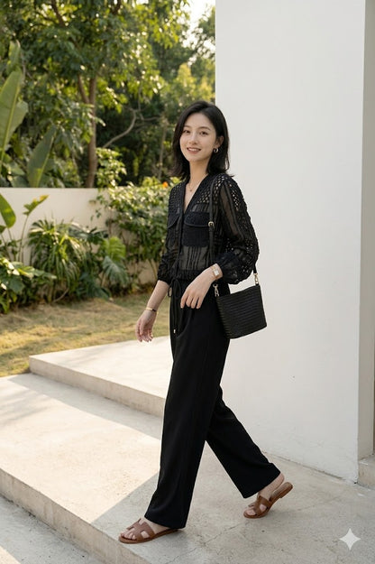 Textured Lace V-Neck Cardigan Blouse