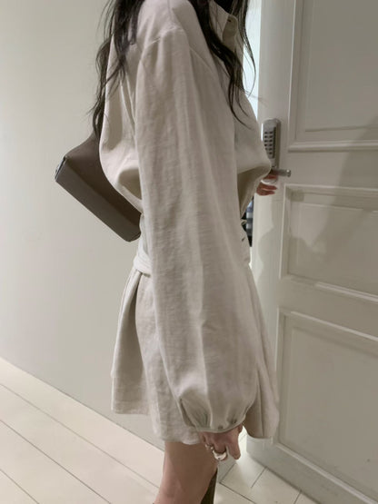 Korea Fashion Pre-orderSoft Linen Shirt Dress with Waist Tie