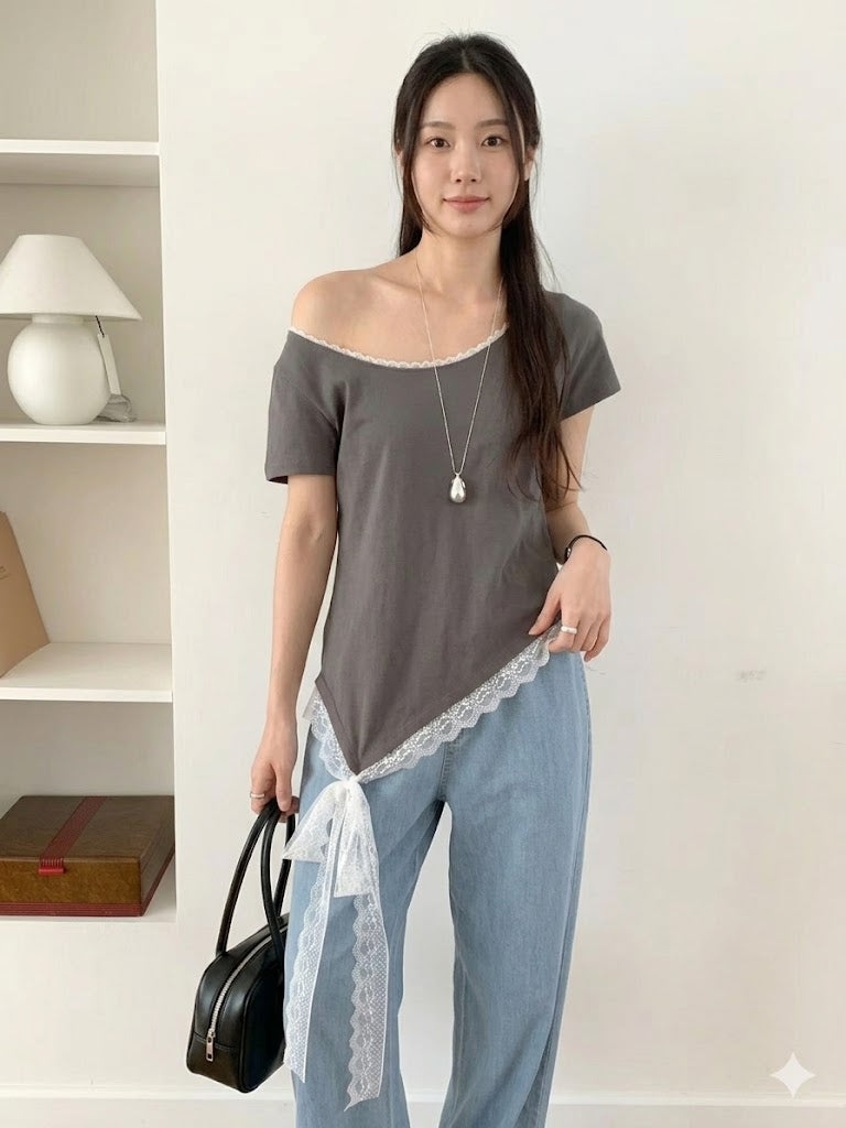 Lace-Up Eyelet Puff Sleeve Blouse