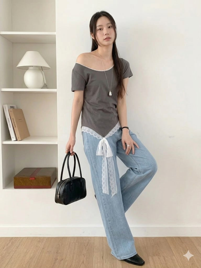 Lace-Up Eyelet Puff Sleeve Blouse