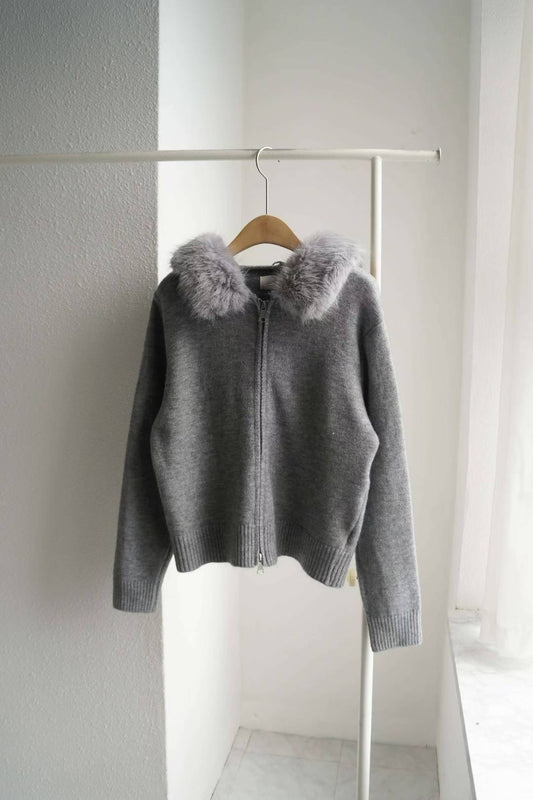 Fur Collar Knit Zip Cardigan · 毛領針織拉鍊外套