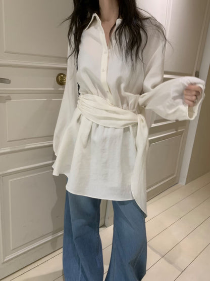 Korea Fashion Pre-orderSoft Linen Shirt Dress with Waist Tie