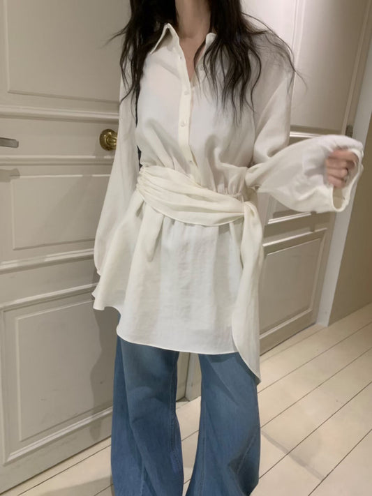 Korea Fashion Pre-orderSoft Linen Shirt Dress with Waist Tie