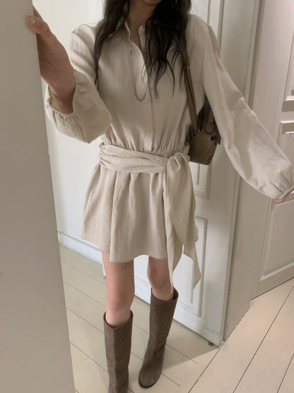 Korea Fashion Pre-orderSoft Linen Shirt Dress with Waist Tie