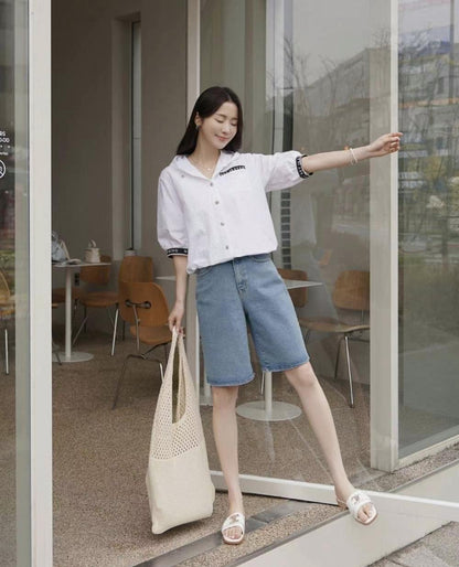 👖High-Waist Denim Bermuda Shorts/ 涼感五分牛仔褲