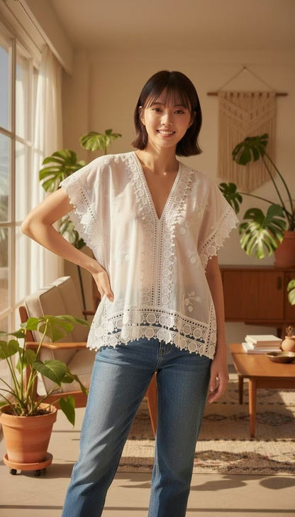 ✨ Bohemian Lace Embroidered V-Neck Blouse