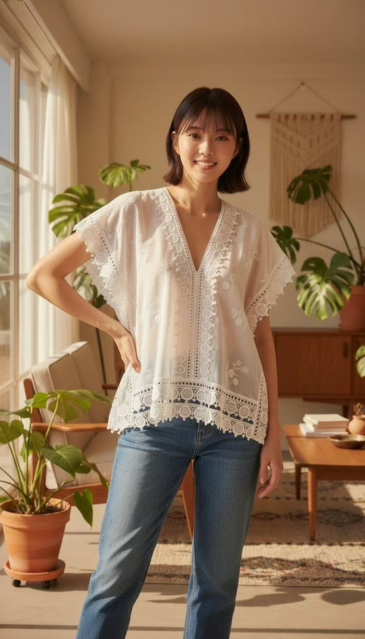 ✨ Bohemian Lace Embroidered V-Neck Blouse