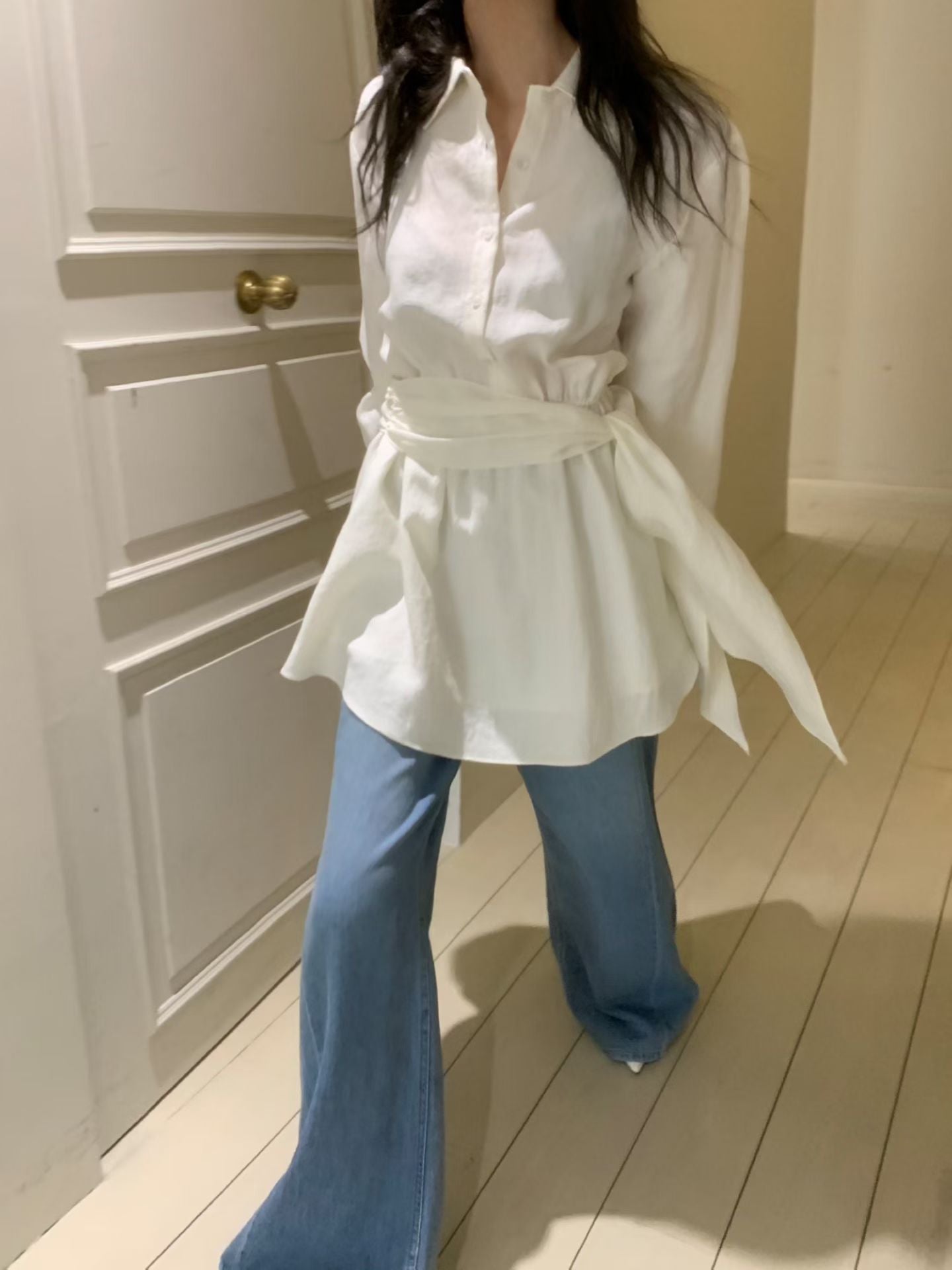 Korea Fashion Pre-orderSoft Linen Shirt Dress with Waist Tie