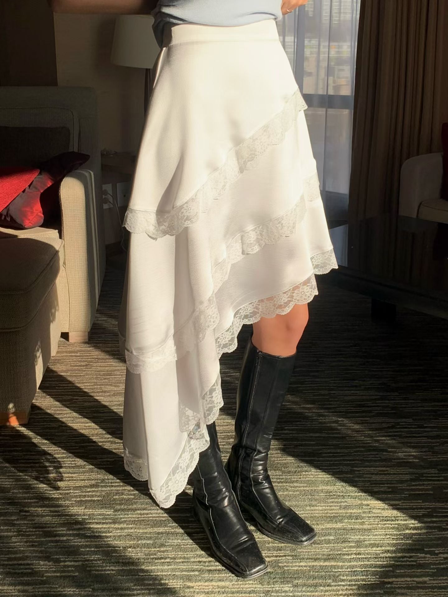 Asymmetrical Lace Layered Midi Skirt