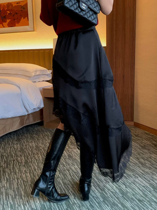 Asymmetrical Lace Layered Midi Skirt