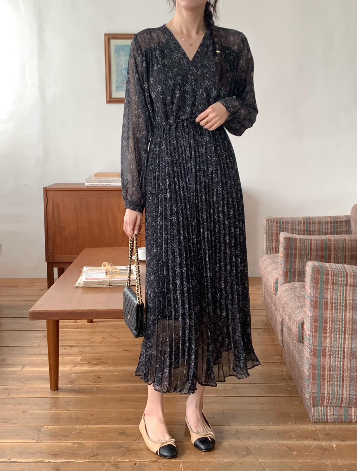 ✨【Floral Pleated Long Dress · 碎花雪紡百摺長裙】✨