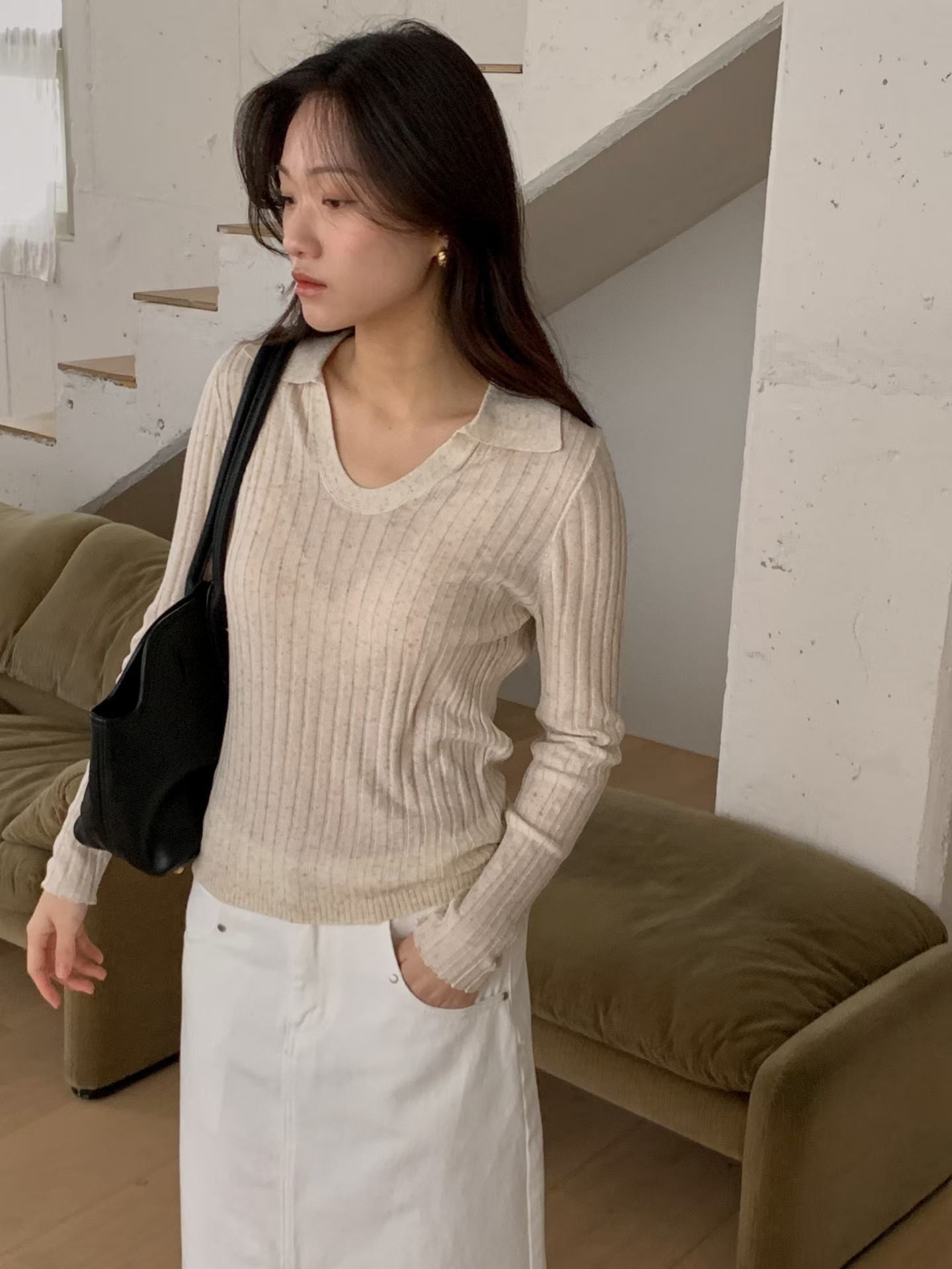 Ribbed Collar Knit Top