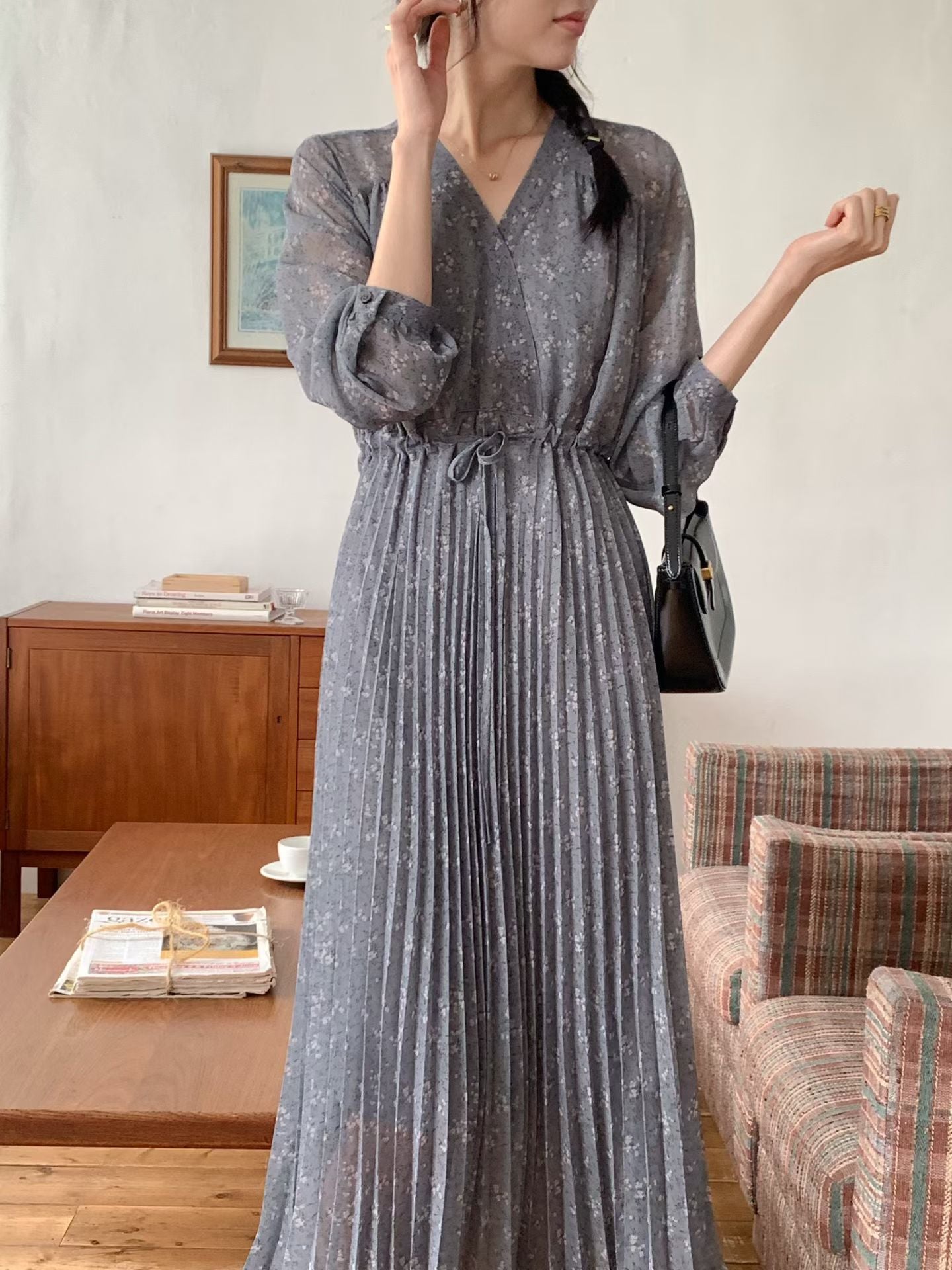 ✨【Floral Pleated Long Dress · 碎花雪紡百摺長裙】✨