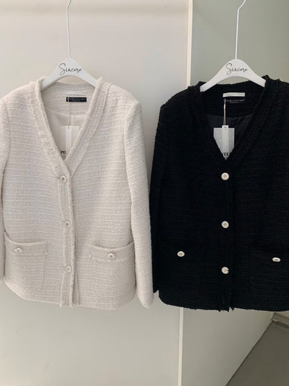 Korea Fashion Pre-order Classic Tweed Jacket (Black / Ivory)