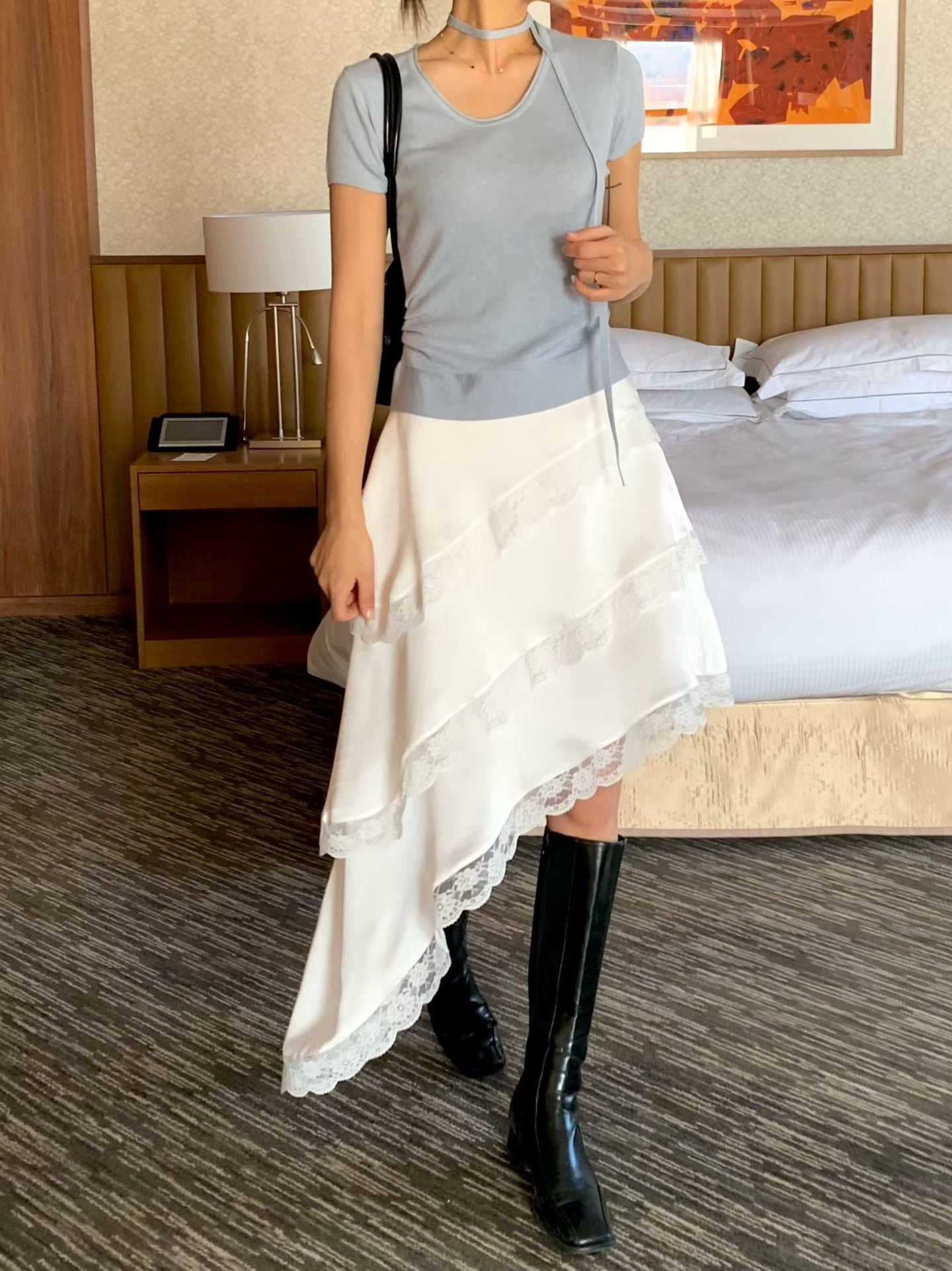 Asymmetrical Lace Layered Midi Skirt