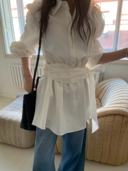 Korea Fashion Pre-orderSoft Linen Shirt Dress with Waist Tie