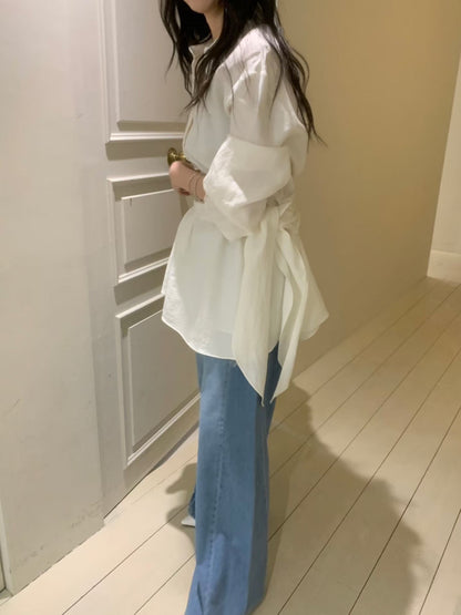 Korea Fashion Pre-orderSoft Linen Shirt Dress with Waist Tie
