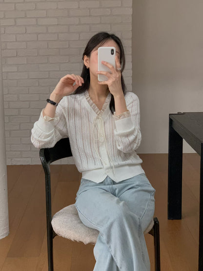 🌿 Sheer Ruffle V-Neck Knit Cardigan

浪漫雪紡荷葉邊 × 直紋鏤空針織