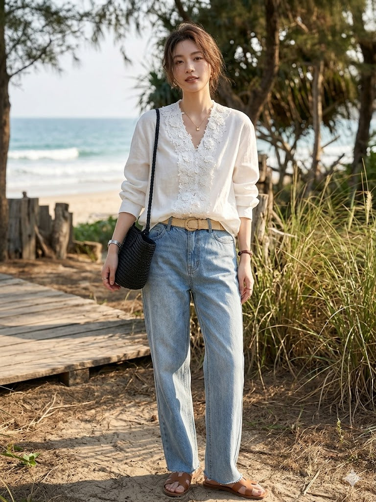 Lace Trim V-Neck Linen Blouse