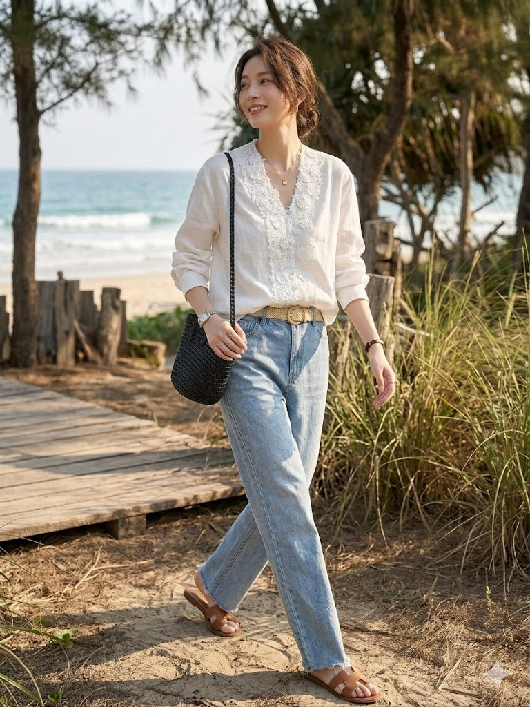 Lace Trim V-Neck Linen Blouse