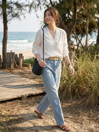 Lace Trim V-Neck Linen Blouse