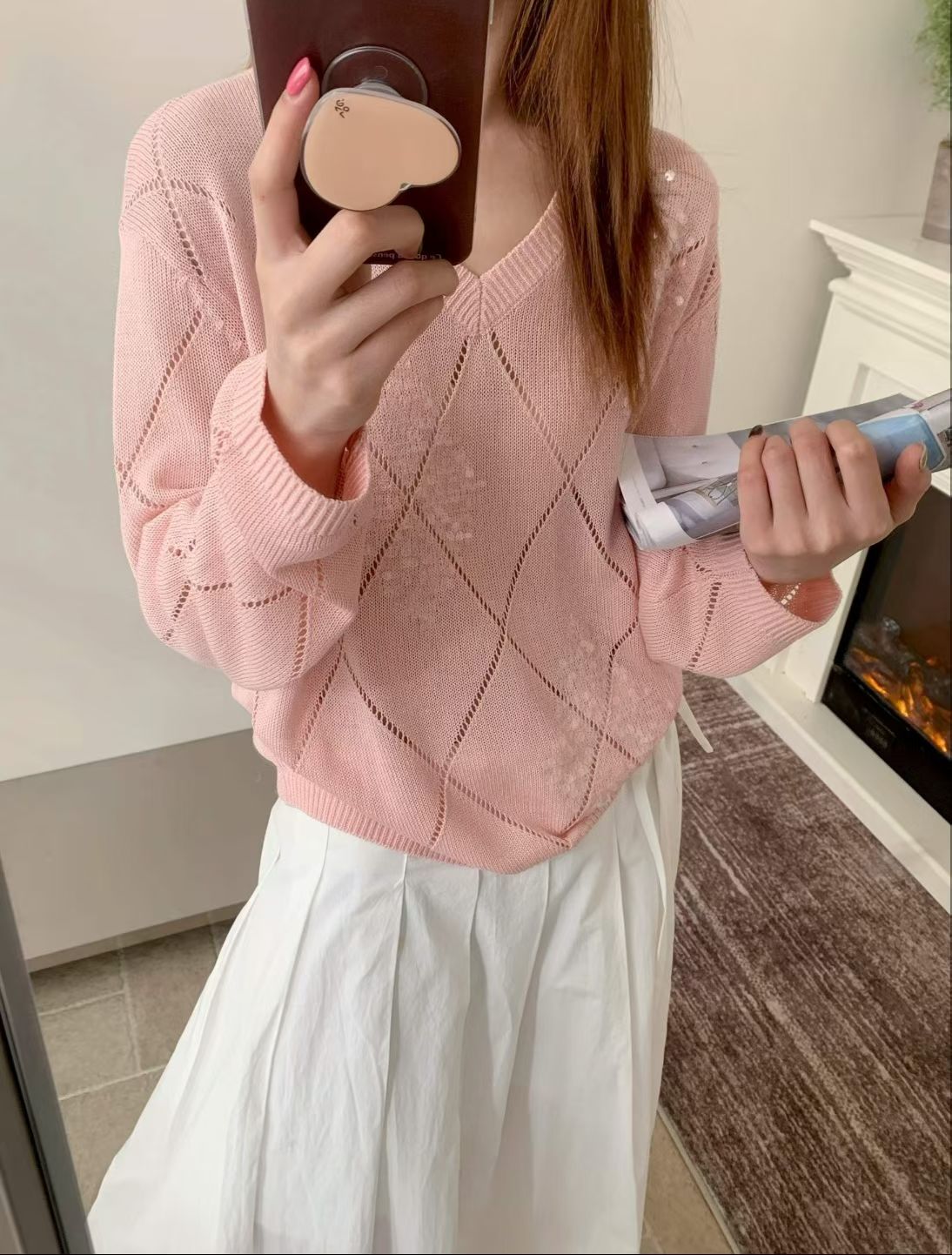Sequin Argyle V-Neck Knit