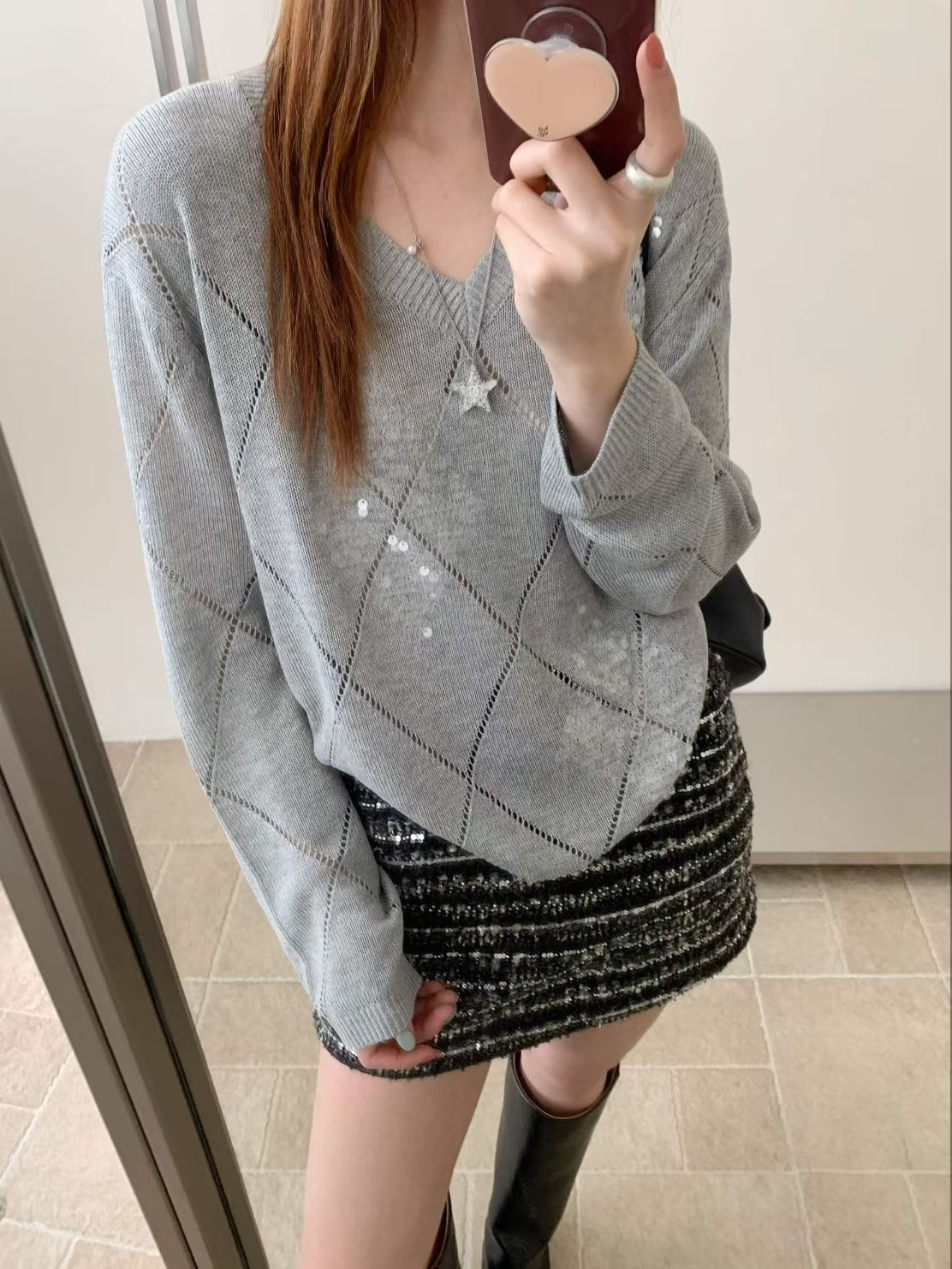 Sequin Argyle V-Neck Knit
