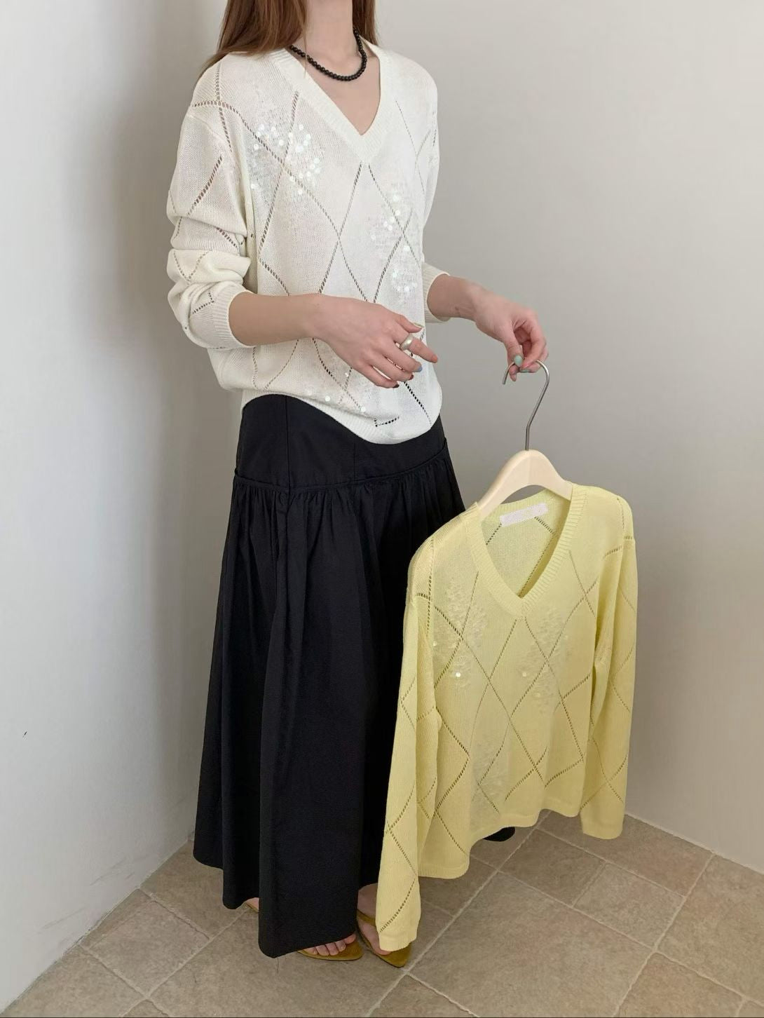 Sequin Argyle V-Neck Knit