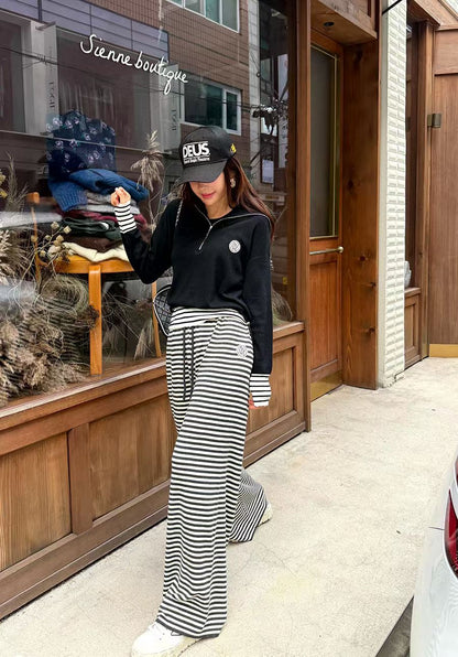 【Stripe Knit Zip Pullover & Pants Set · 韓系條紋拉鍊上衣套裝】✨

🔥 東大門潮款 · Anna 系列