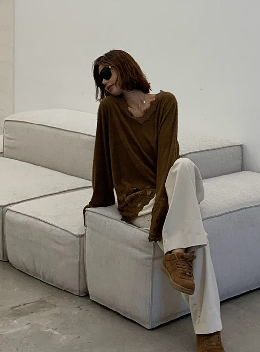 🌿【Paris Match Lace Knit Top · 法式蕾絲V領上衣】🌿