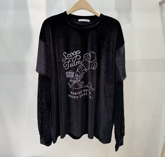 🍨【Scoop Team Velour Lace Tee · 絲絨拼蕾絲上衣】🍪