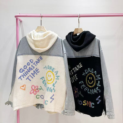 【Dream Feeling Hoodie Denim Jacket · 拼接牛仔針織外套】
