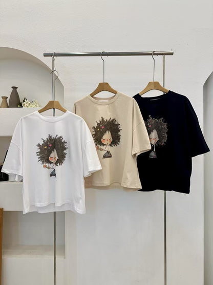 個性爆炸頭插畫女孩Tee /Whimsical hand-drawn style Art Girl Tee