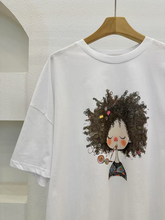 個性爆炸頭插畫女孩Tee /Whimsical hand-drawn style Art Girl Tee