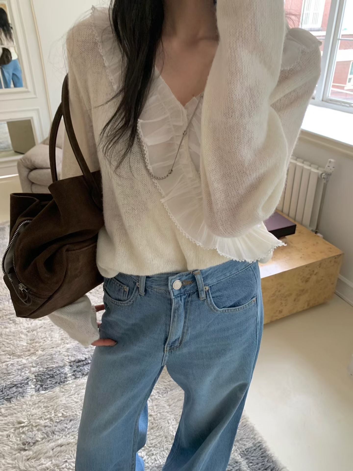 🌿 Sheer Ruffle V-Neck Knit Top