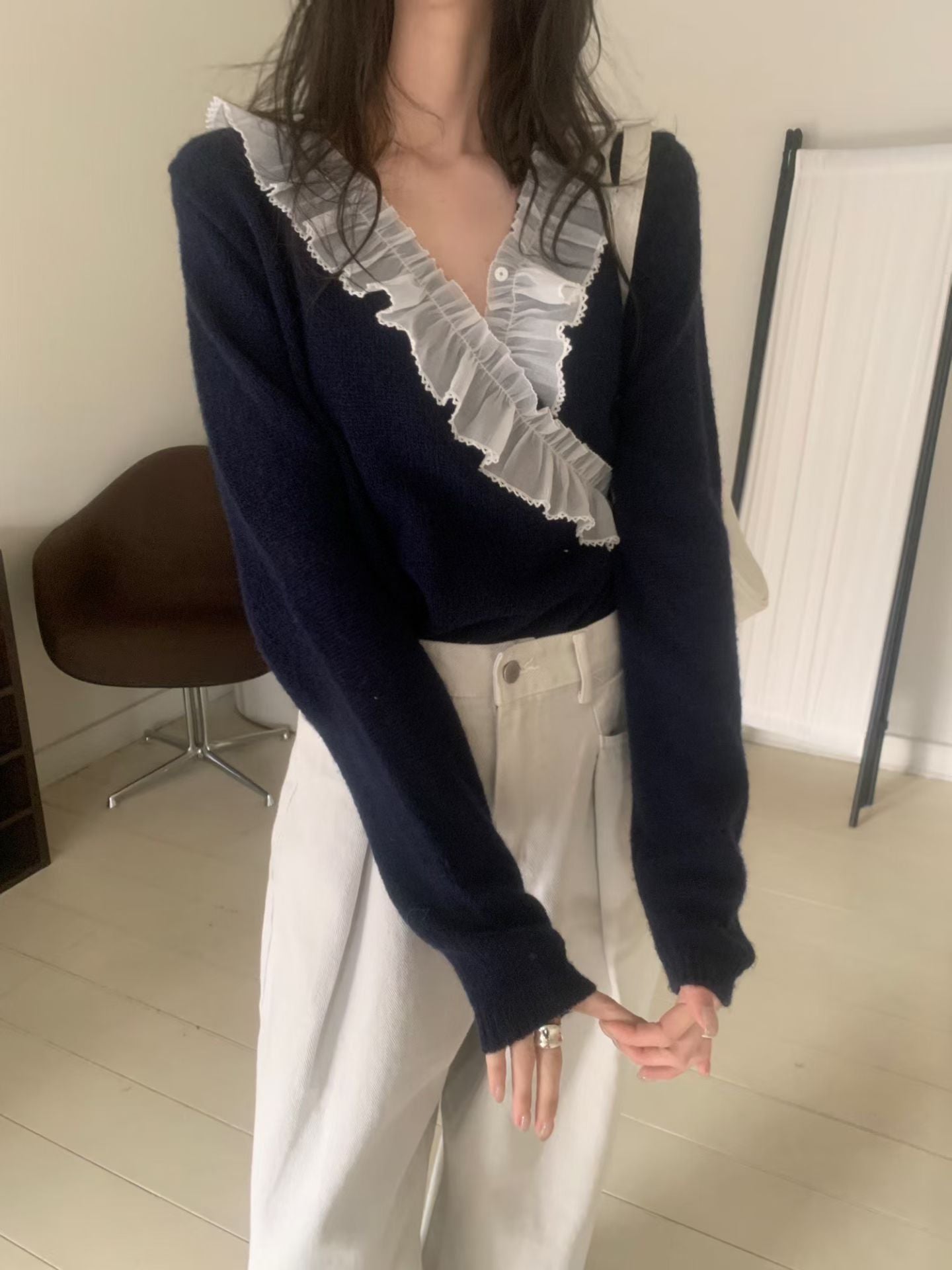 🌿 Sheer Ruffle V-Neck Knit Top